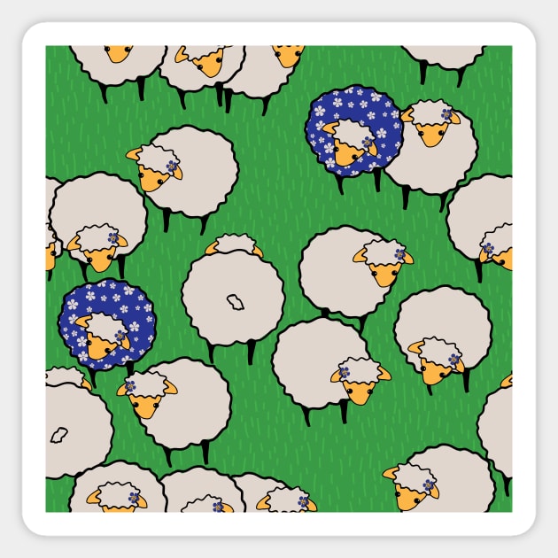 Sheep on Grass Royal Blue Flowers Sticker by counterclockwise